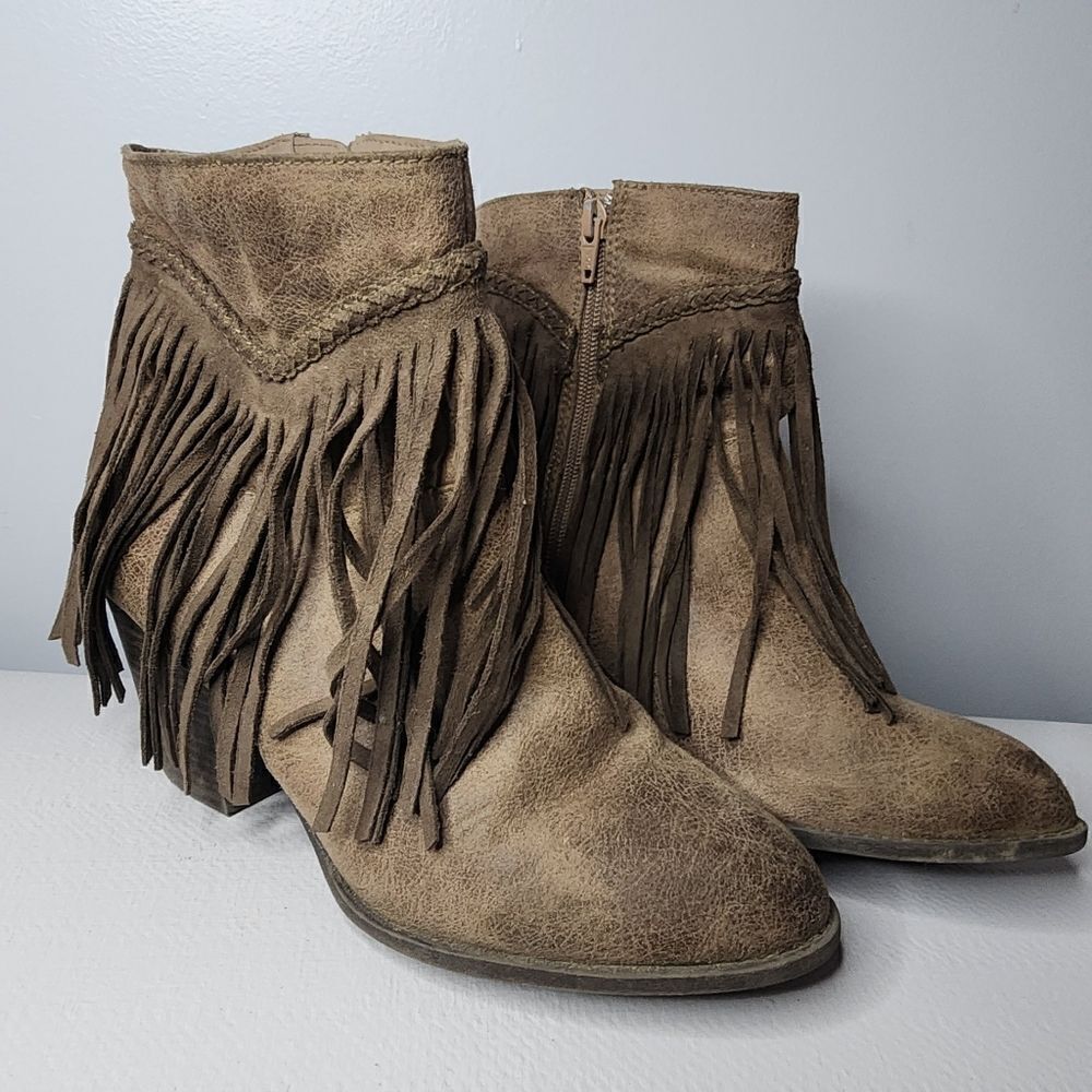 So Jolly Stone Fringed Ankle Boots Size 8.5 Brown Manmade Textile Upper